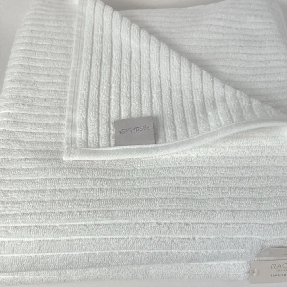 Rachel Zoe 30” x 58” Bath Towels Pure White Ribbed 100% Cotton Set of 2 NEW